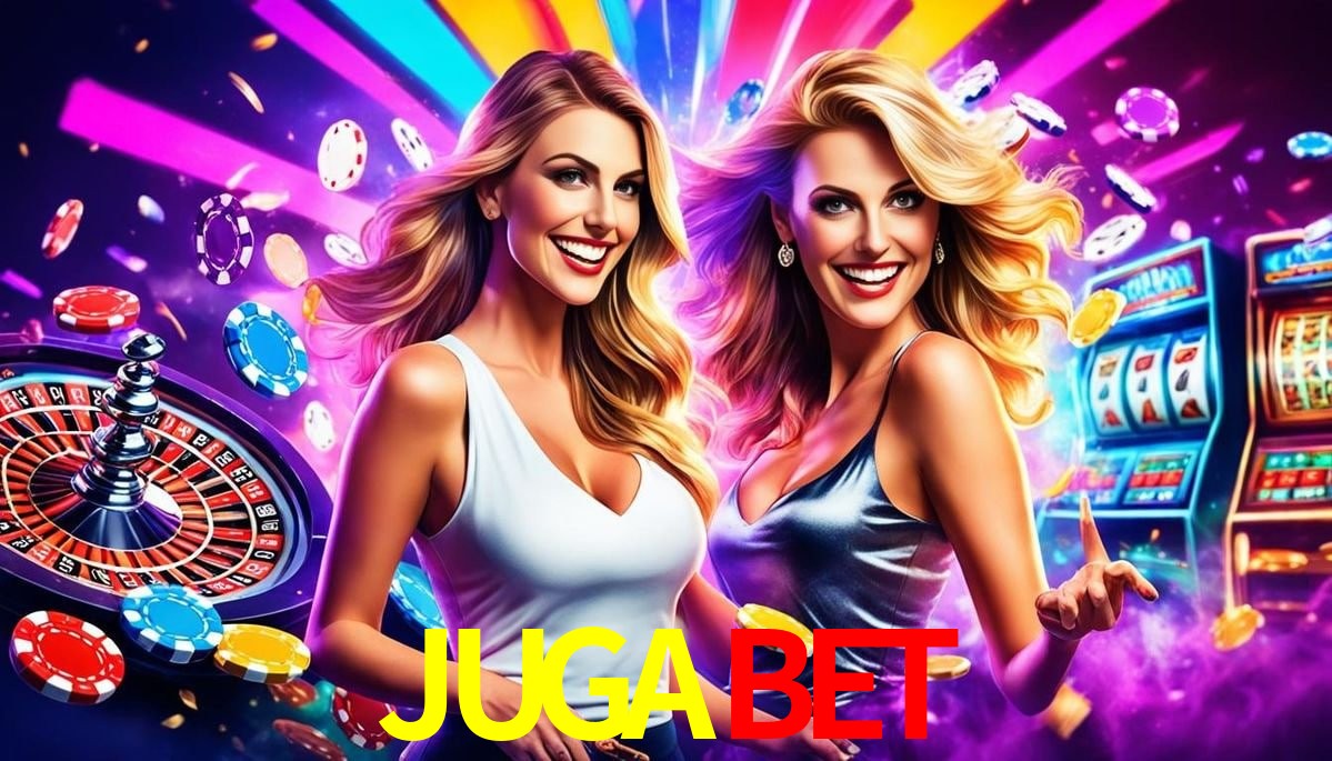Escena dinámica inspirada en casino con iluminación JUGABET, cartas, fichas e íconos de juegos digitales en un espacio moderno de juegos.