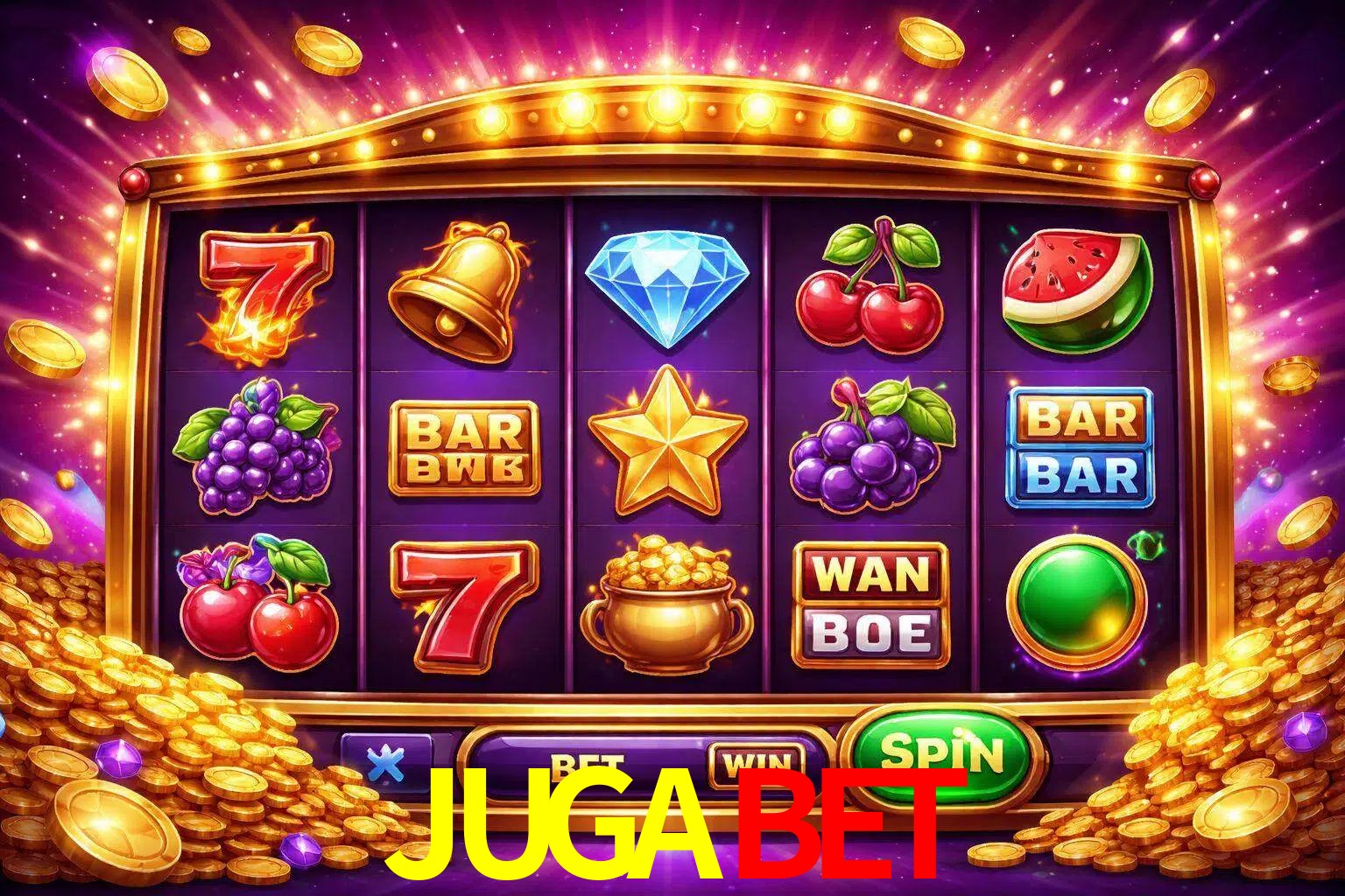 Una interfaz colorida de tragamonedas en línea con símbolos brillantes, monedas y un efecto de victoria celebratoria en JUGABET.