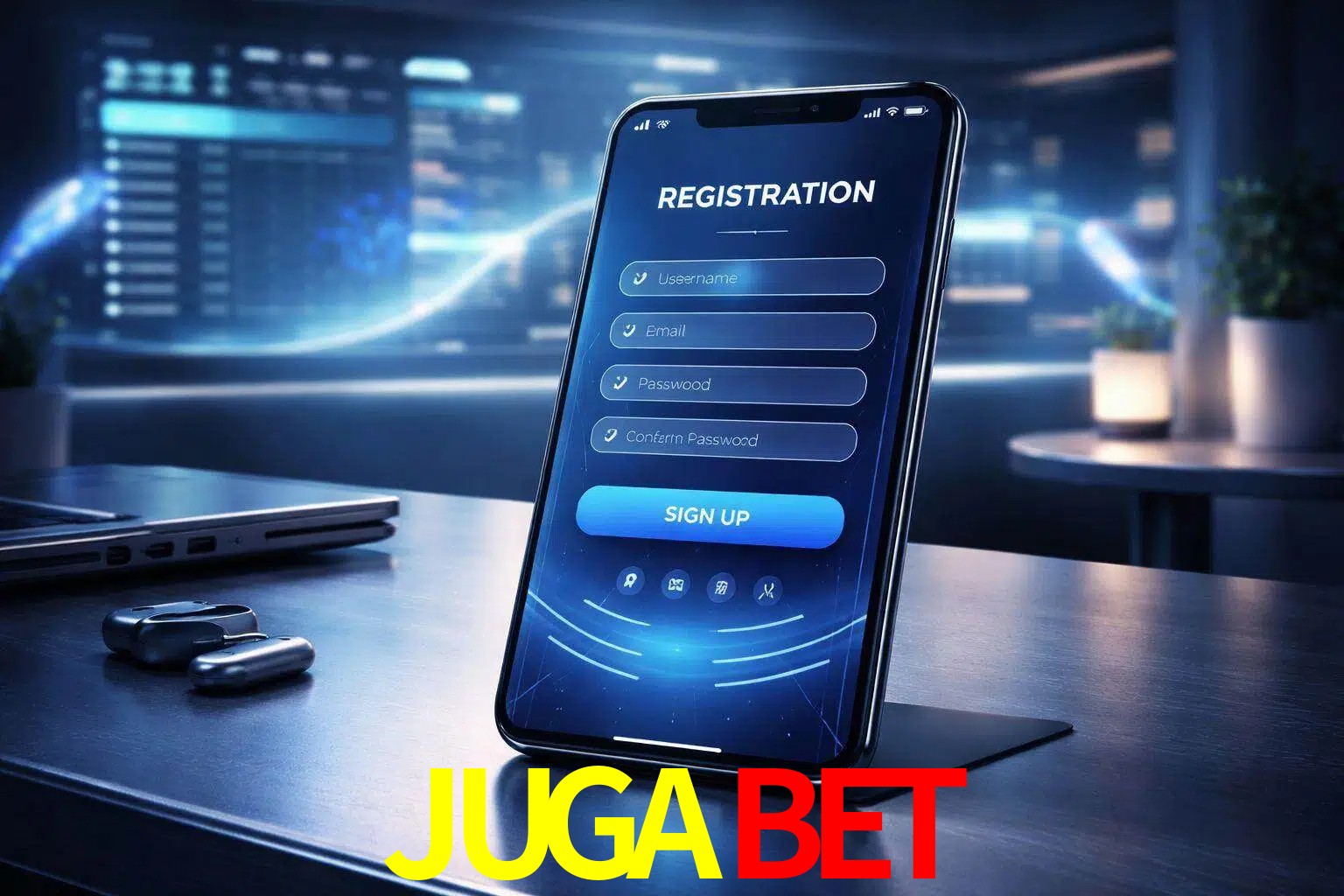 Una interfaz moderna de registro móvil para JUGABET mostrada en un smartphone con un panel de apuestas elegante.